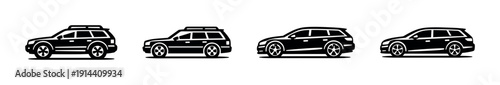 Suv side views in different styles, flat vector illustration