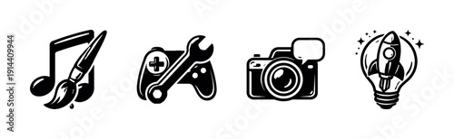 Creative hobbies icons set including music, gaming, photography and ideas - flat vector illustration