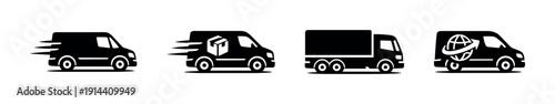 Delivery van icons in motion, flat vector illustration