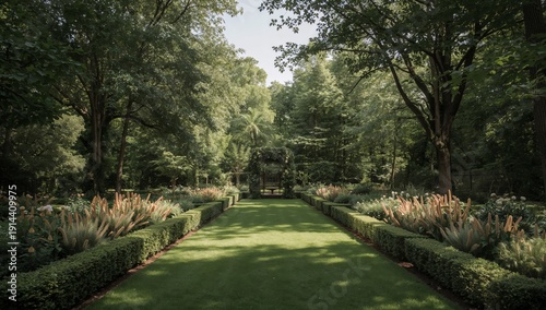 Garden Path With Lights at Dusk Showcasing Plants and Greenery in a Natural S...
