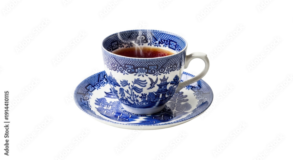 Fototapeta premium Blue Willow teacup and saucer with steam