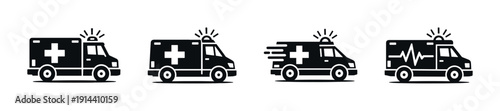Ambulance icons with cross and motion lines, flat vector illustration