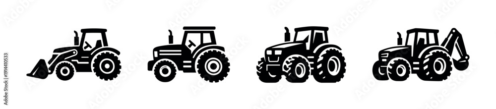 Obraz premium Set of tractor silhouettes in different styles, flat vector illustration