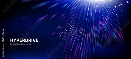 Glowing light trails on a dark blue background representing faster-than-light travel concept. Futuristic hyperdrive effect for technology and abstract design.