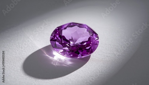 Purple Gem Shines Under Light on White Surface in a Bright Setting