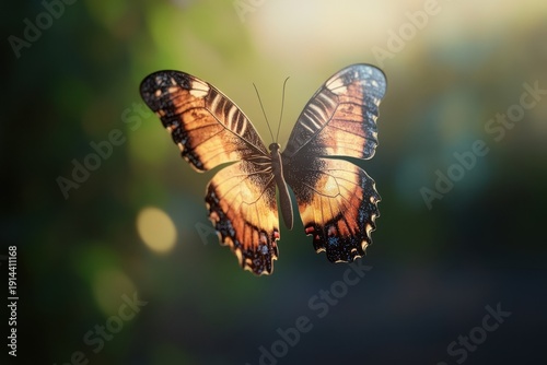 Beautiful butterfly hovering in sunlight among vibrant green foliage in a serene environment