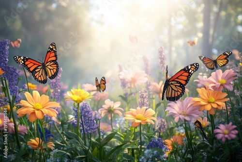 Butterflies fluttering among colorful flowers in a vibrant garden at sunrise
