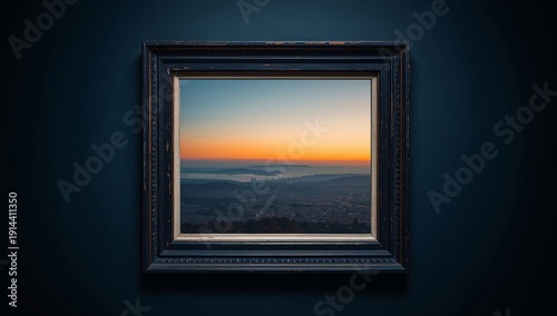 Sunrise View From a Framed Window With a Clear Sky and Distant Mountains in t...