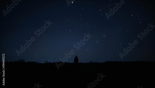 Stars Shine Over a Person Standing Alone on a Hill at Night