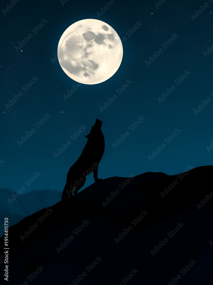 Fototapeta premium A cinematic shot of a lone wolf howling at the moon on a snowy ridge, silhouetted against a dark, starry sky, representing wild nature.