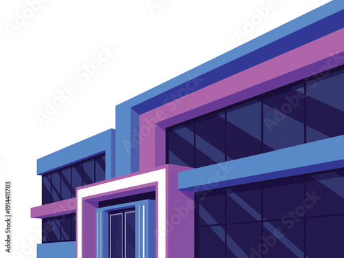 Modern commercial building facade shows sharp angles and blue window glass.