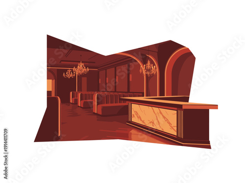 Luxurious bar interior design presents an elegant lounge with red booths.