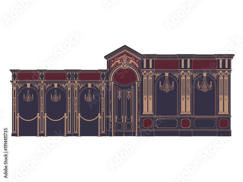 Ornate classical facade displays detailed paneling, velvet ropes, and hanging.