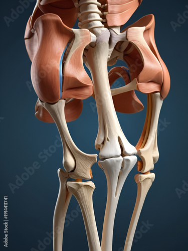 Detailed 3D rendering of human knee anatomy showing bones and muscles.