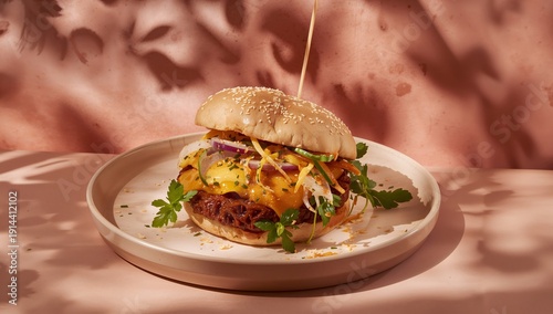 Delicious Hamburger With Cheese and Vegetables on a Plate With a Warm Background