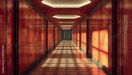 Long Hallway With Arches and Warm Sunlight in a Quiet Space