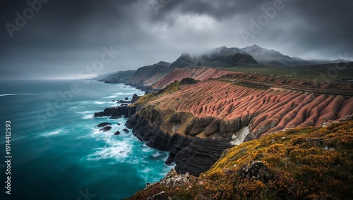 Sunset Lights up the Cliffs and Ocean at a Remote Coastal Location