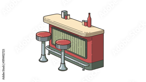 Classic American Diner Counter Scene in Muted Retro, Fine Line 3D_transparent.