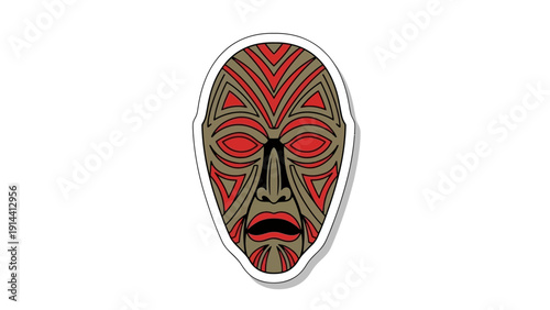 Traditional wood tribal mask vector illustration featuring an ancient face with a tattoo and sword symbol for a dramatic theater masquerade costume isolated on black