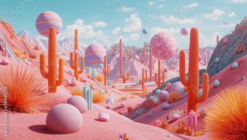 Colorful Landscape With Cacti and Spheres in a Pink Desert Setting During the...