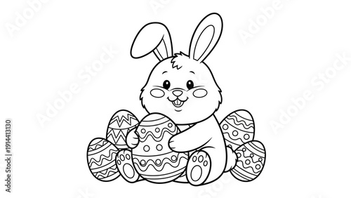 Whimsical Easter Bunny Line Art Coloring Sheet with Eggs for Toddlers. transparent.