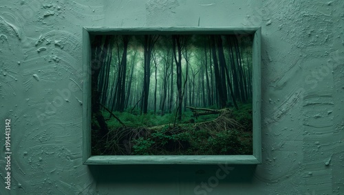 Forest Scene in a Frame on a Green Wall With Natural Light in a Room