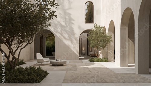 Modern Courtyard With Trees and Furniture in a Sunny Setting in a Residential...