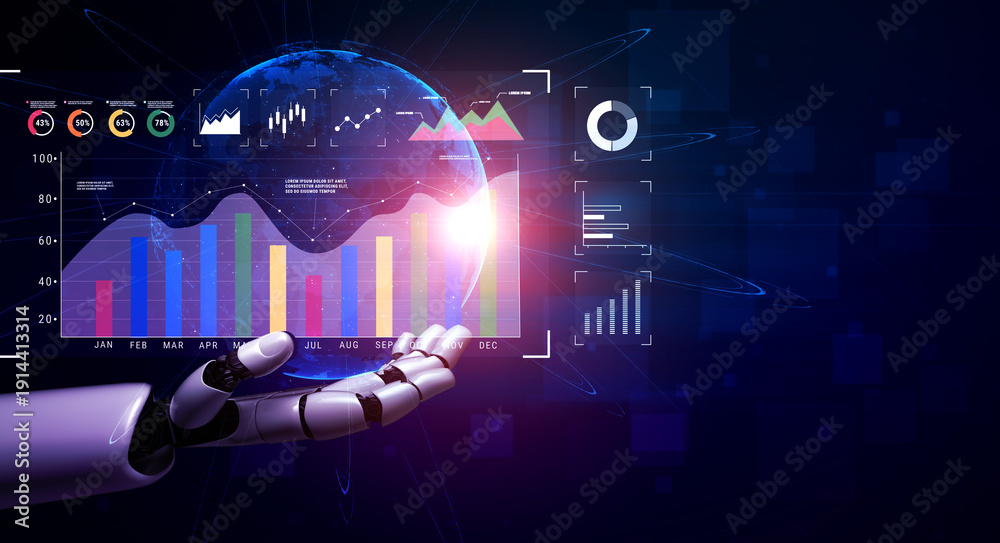 Obraz premium An AI dashboard for business data analysis and performance monitoring. A collection of AI generated charts for strategic company evaluation. Motif
