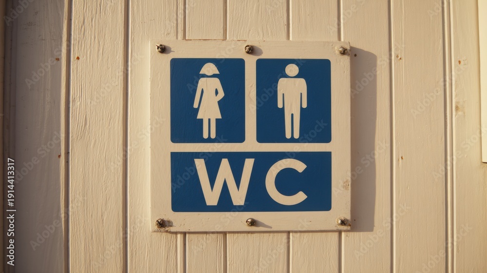 Obraz premium blue WC restroom sign with male and female pictograms on white vertical wood planks, enamel plate with mounting screws and warm side lighting