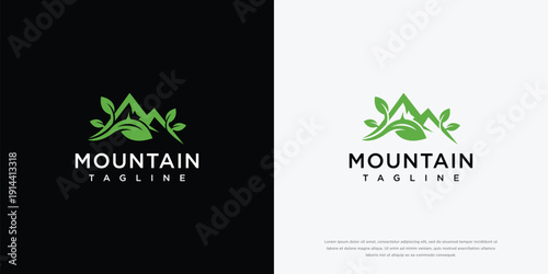 Mountain Nature Eco Logo Design with Green Leaf Elements - Modern Vector Brand Identity.