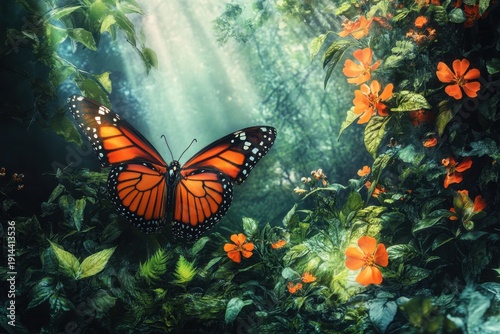 Colorful monarch butterfly perched among vibrant orange flowers in a lush forest setting