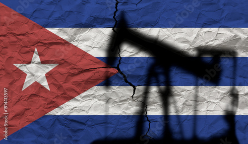 Oil pump silhouette in front of a textured and cracked Cuban flag. Cuban oil concept and economic crisis.