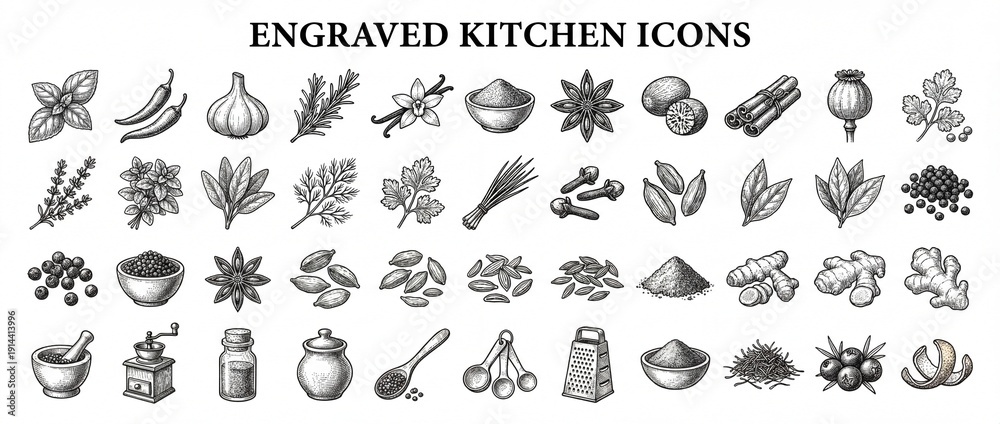 Obraz premium Engraved kitchen icons show various spices, herbs, and kitchen tools organized in a clear layout for easy reference in cooking