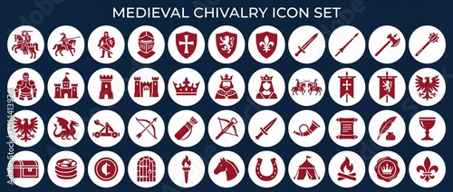 Collection of medieval chivalry icons showing various symbols and elements from the knightly era in a simple layout