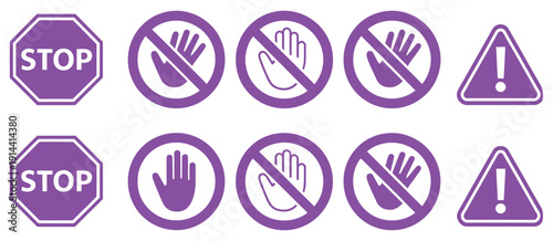Warning and stop signs including hand, exclamation mark, and no entry symbols, vector icon set ideal for road safety, caution, traffic design