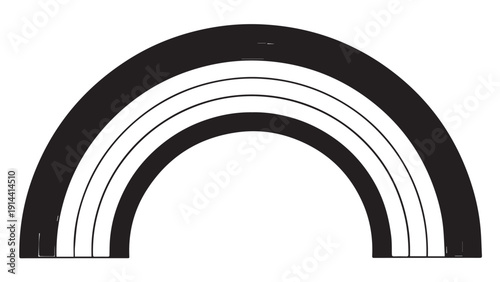 Minimalist black and white arc rainbow design with concentric curves and geometric shapes.