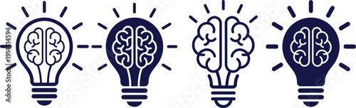 Illustration of light bulbs with brain elements symbolizing creativity and idea generation in a modern concept design, viewed from a straightforward perspective.