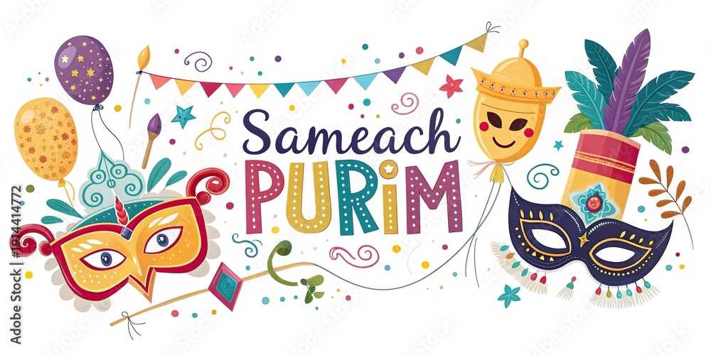 Fototapeta premium Happy Purim festive banner with carnival masks balloons and decorations.