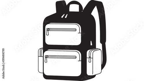 Minimalist Black and White Backpack Illustration with Front and Side Pockets for Everyday Use.