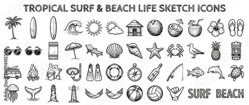 Collection of tropical surf and beach life sketch icons showing various elements related to coastal activities