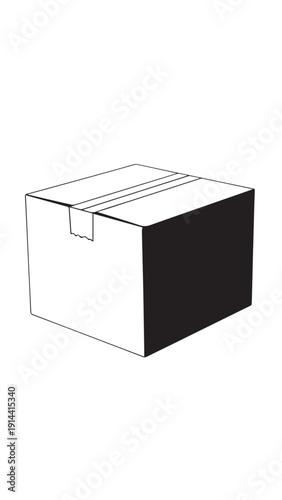 White cardboard box with taped lid seen from an isometric perspective.