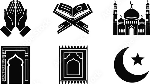 Set of six islamic solid icons muslim prayer hands, quran book on stand, mosque, prayer rug, mihrab niche and crescent moon with star