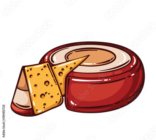Cheese wheel with cut slice, semi hard cheese with holes and rind, dairy cheese product shown whole and sliced, rustic farm product in retro cartoon style, vector illustration.