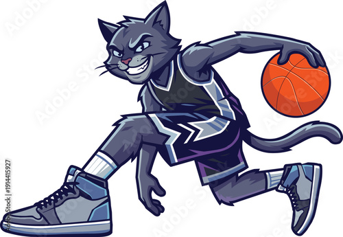 Cat Basketball Player–Cool Feline Athlete Dribbling Ball Vector Illustration