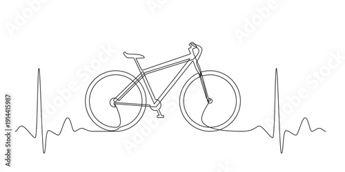 One Continuous Line Drawing of Bicycle between heartbeats. Minimal Bike Line Art Illustration