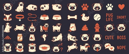 Wallpaper Mural Pugs in various fun poses and activities with playful illustrations of accessories and items related to dogs Torontodigital.ca