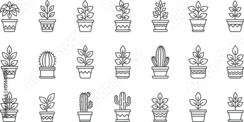 Houseplant icons set with various leafy plants in decorative pots for interior design projects thin line vector illustrations of potted flowers for garden home decor and botanical websites