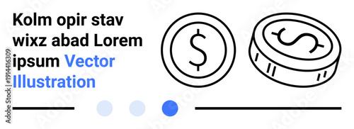 Two circular dollar coin outlines with minimalist strokes, accented by text and blue selection dots. Ideal for finance, economy, investment, savings, banking, wealth, simple landing page