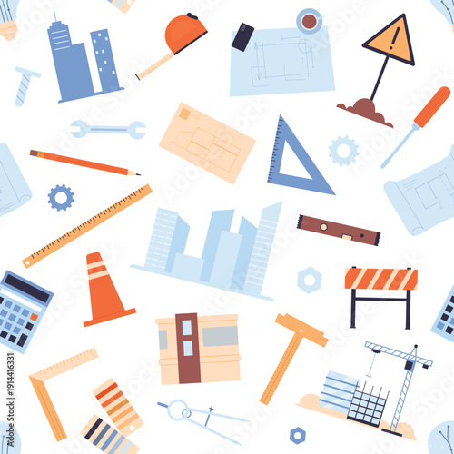 Construction tools, blueprints, buildings, and architectural elements arranged in a seamless pattern for design, engineering, and architecture themes isolated on white background vector illustration
