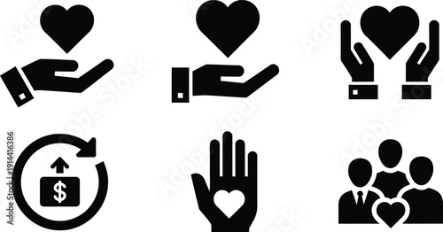 Hands holding heart and donation icons collection of various gestures for charity giving and love symbol set vector graphic elements